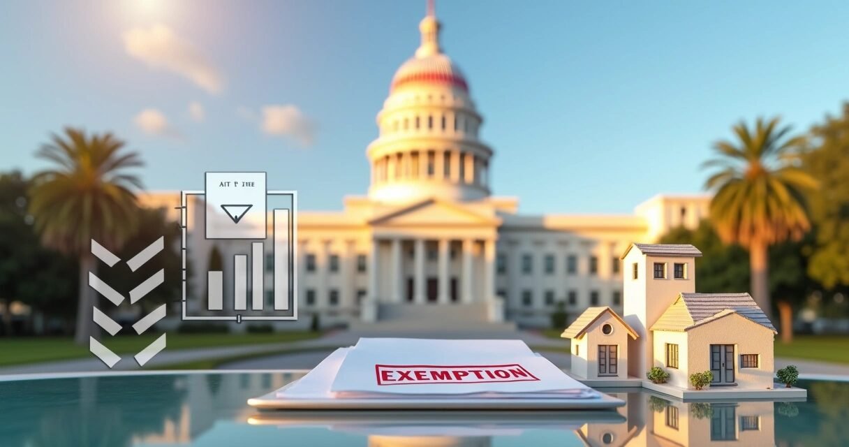 Florida capitol building with stylized homes and tax documents overlay