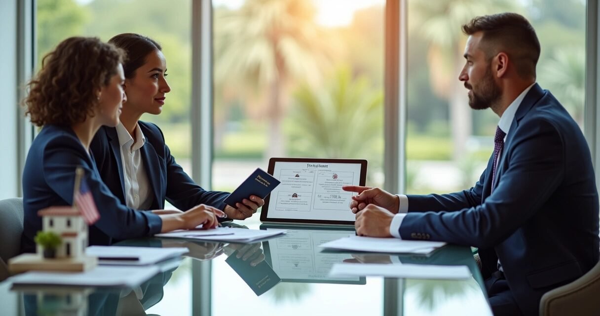 Foreign homebuyer meeting with mortgage advisor in Florida office