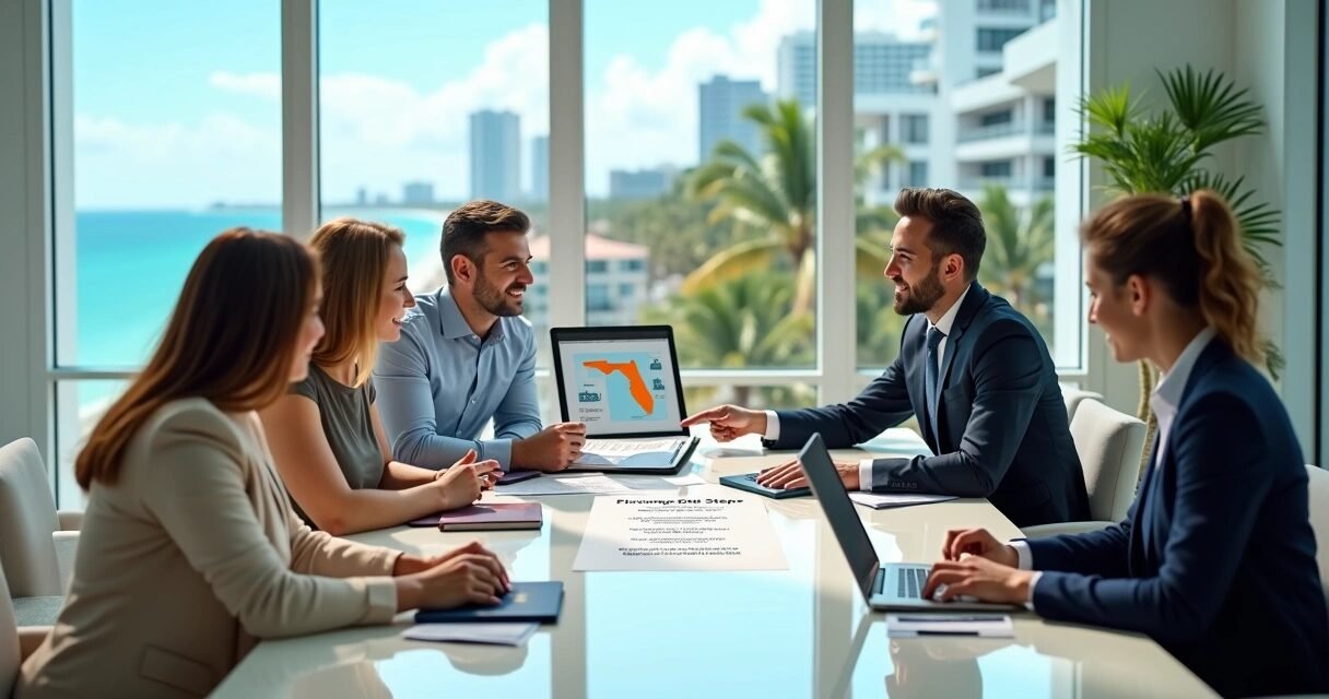 Foreign homebuyer reviewing Florida mortgage options with advisor and beach skyline map