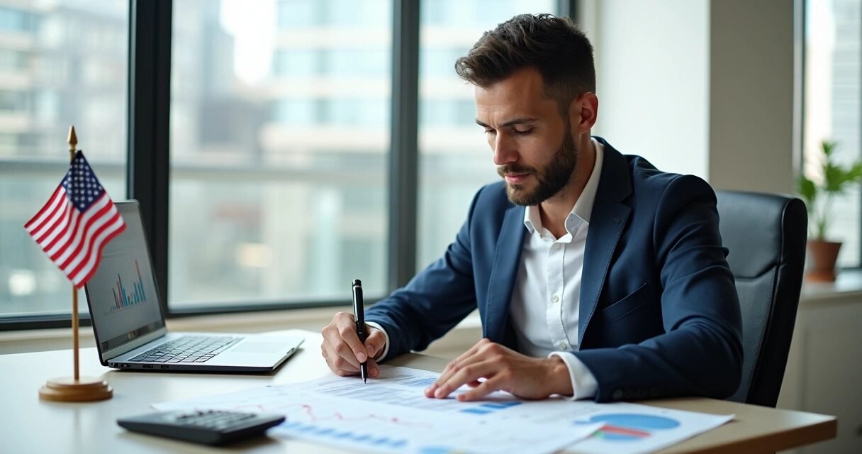 Foreigner signing home loan documents at a desk with a US flag and laptop