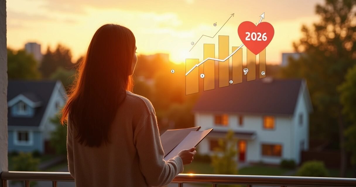 Person on balcony looking at a 2026 home and floating financial icons at sunrise