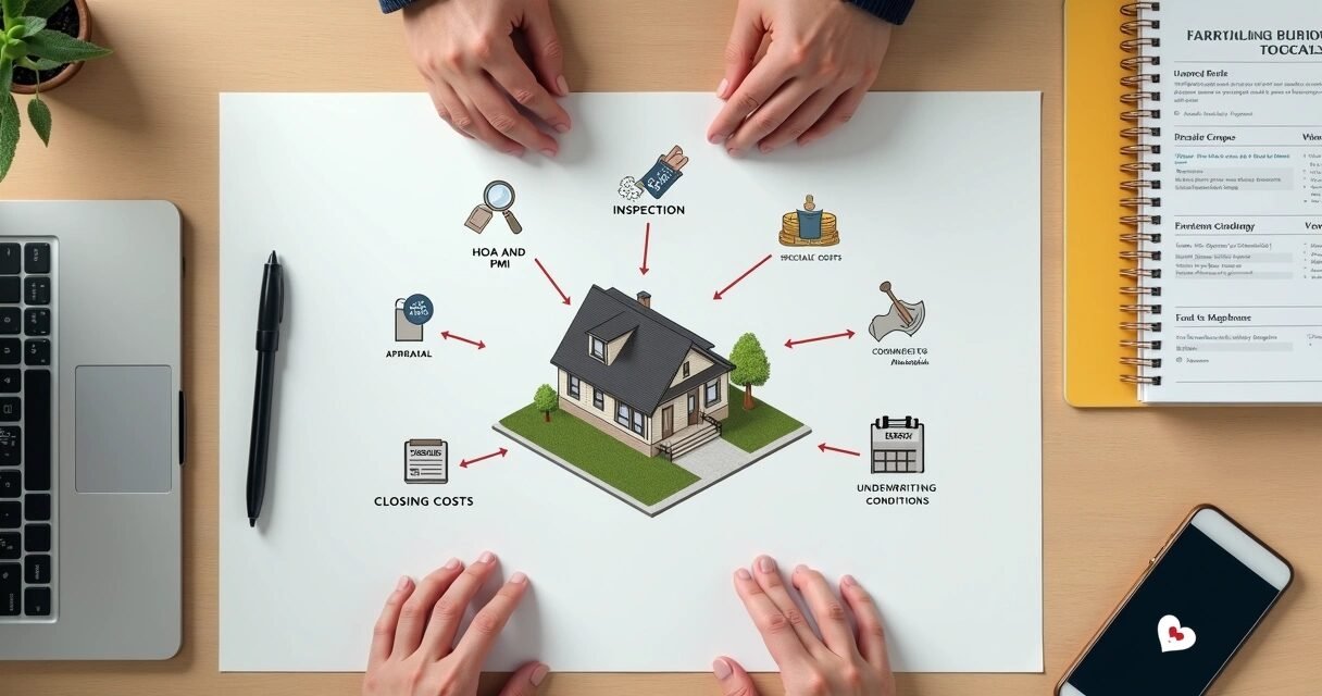 Overhead view of first-time homebuyer looking at house illustration covered with hidden cost icons
