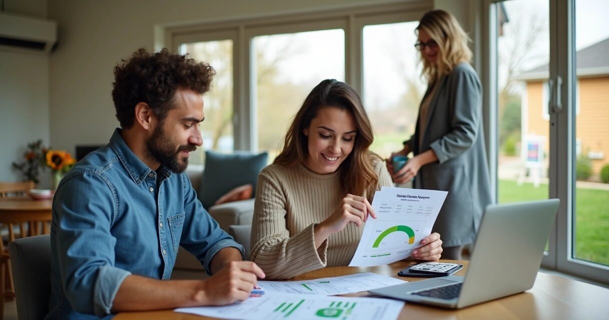 Couple reviewing credit score report in front of new house