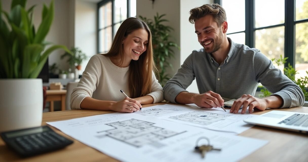 Couple reviewing house plans and financial documents at a modern wooden table with a laptop and keys