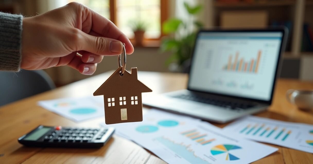 Hand holding house-shaped keychain with financial charts and calculator in background