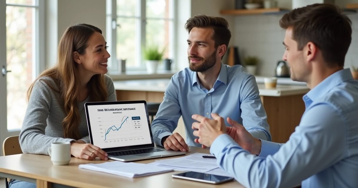 Couple reviewing home refinance options with mortgage advisor at kitchen table