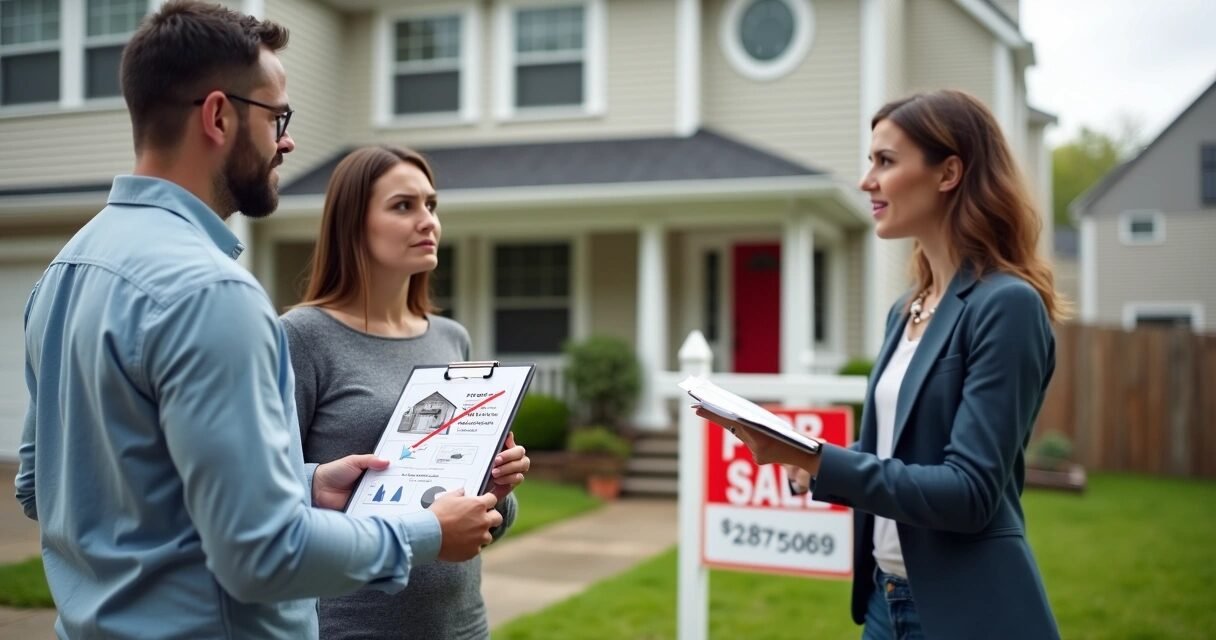 Couple reviewing unsold home listing with real estate agent in front of house