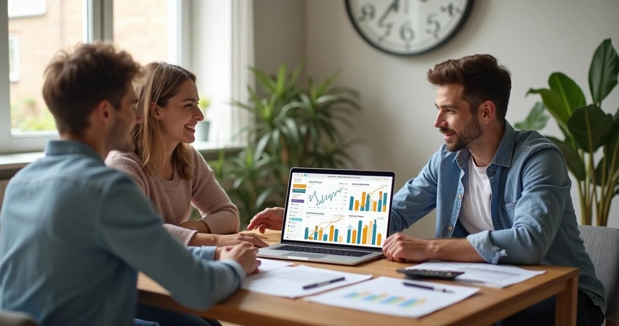 Couple consulting with mortgage advisor at home computer showing financial charts