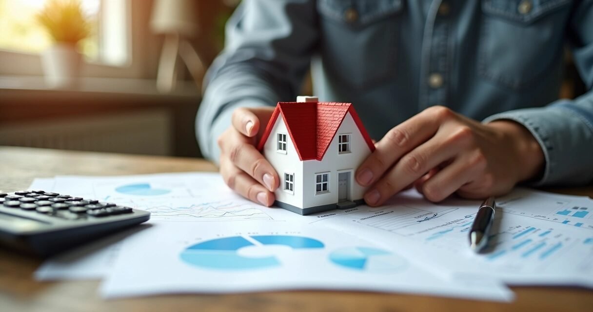 Hands holding house model and financial documents on a wooden table with calculator and pen