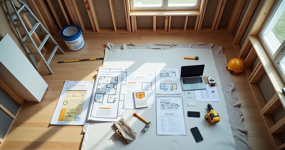 Home renovation plans spread on floor with construction tools and financial documents