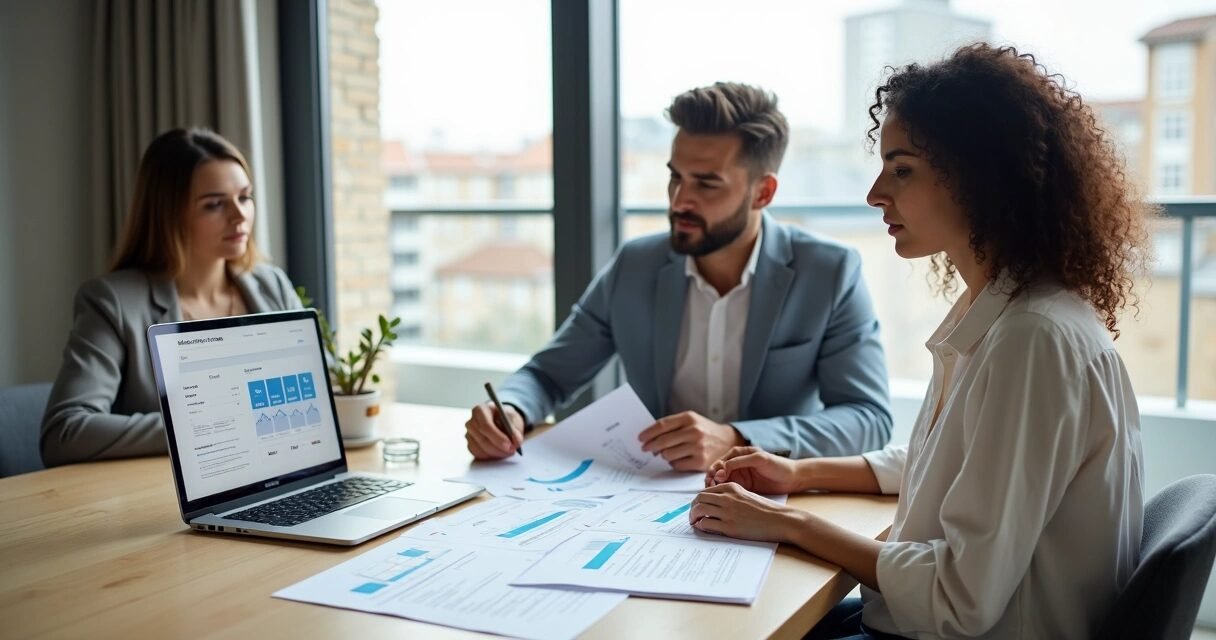Homebuyers comparing mortgage lender options at a table with a real estate agent