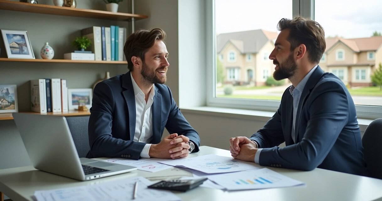 Homebuyer consulting with mortgage specialist over loan options at office desk with documents