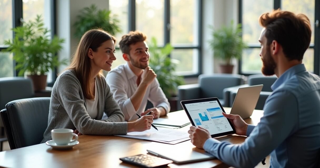 Homebuyers discussing mortgage options with a financial advisor in a modern office