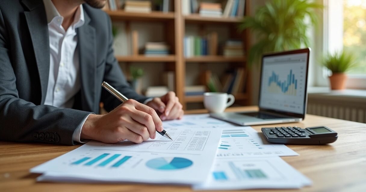 Homebuyer reviewing finances and mortgage documents at a wooden desk with calculator and laptop