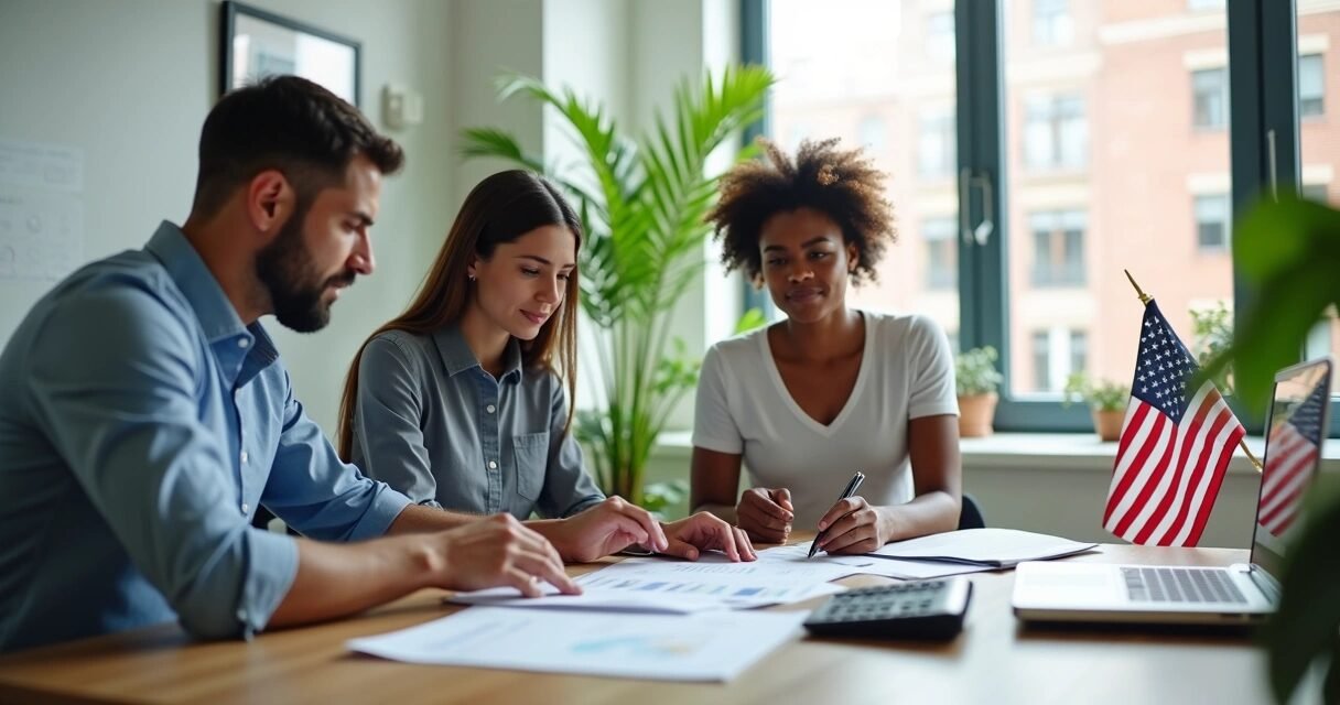 Couple discussing FHA loan details with mortgage advisor at a desk with documents and laptop
