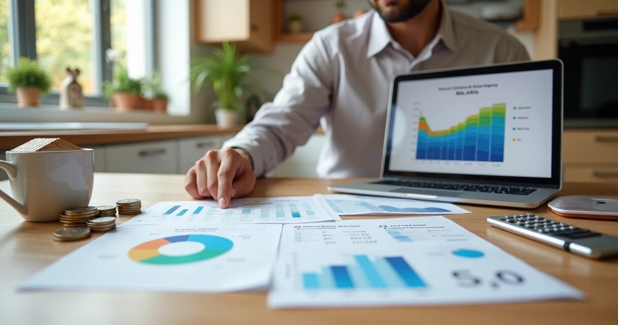 Homeowner reviewing mortgage documents and charts at kitchen table