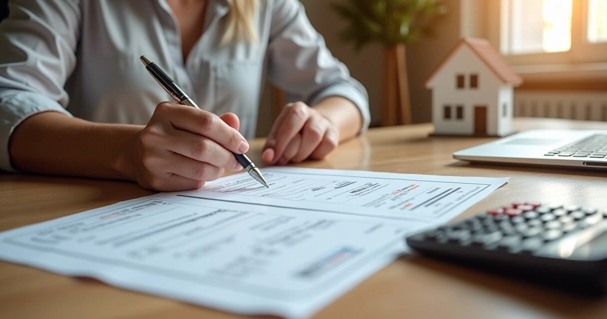 Homeowner reviewing mortgage loan documents at a wooden desk with a calculator and house model