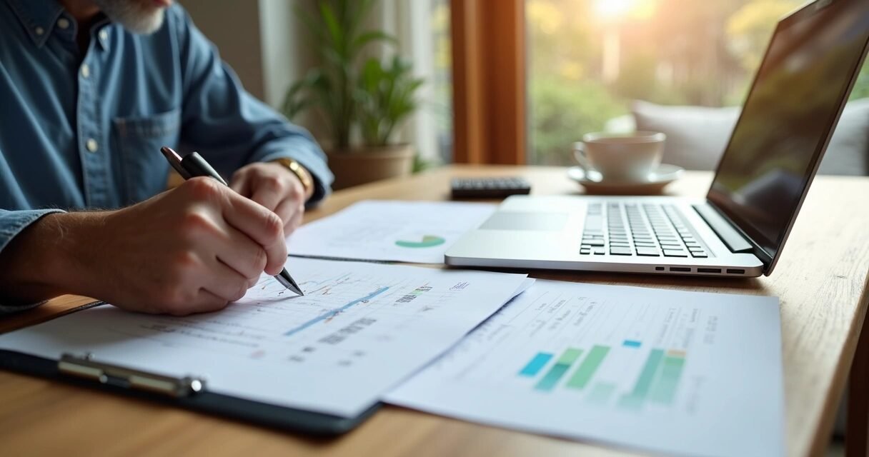 Homeowner reviewing mortgage refinancing documents at a wooden desk with a calculator and laptop
