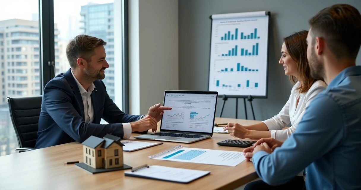 Mortgage advisor showing financing options for an investment property to a couple