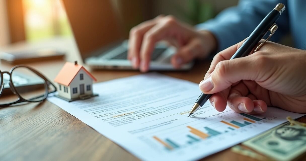 Close-up of hands signing mortgage loan documents with a small house model and US dollars on a wooden desk