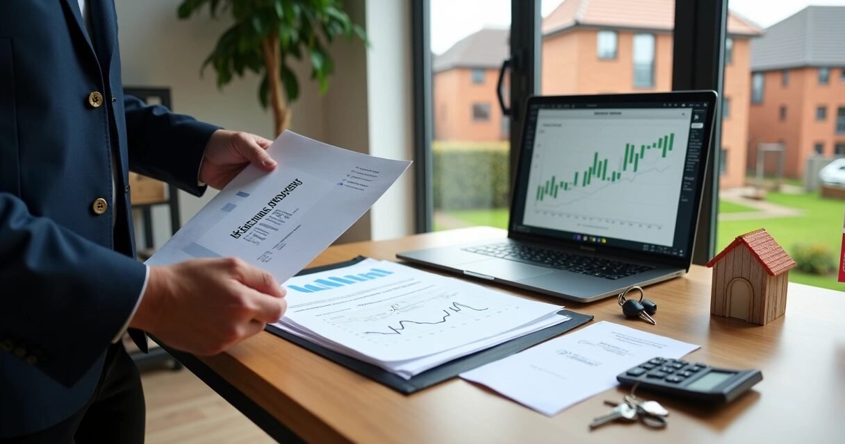 Real estate investor reviewing mortgage documents in front of rental property