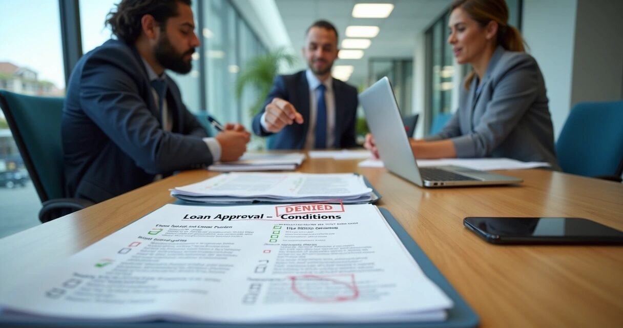 Couple reviewing denied loan checklist with advisor in closing room