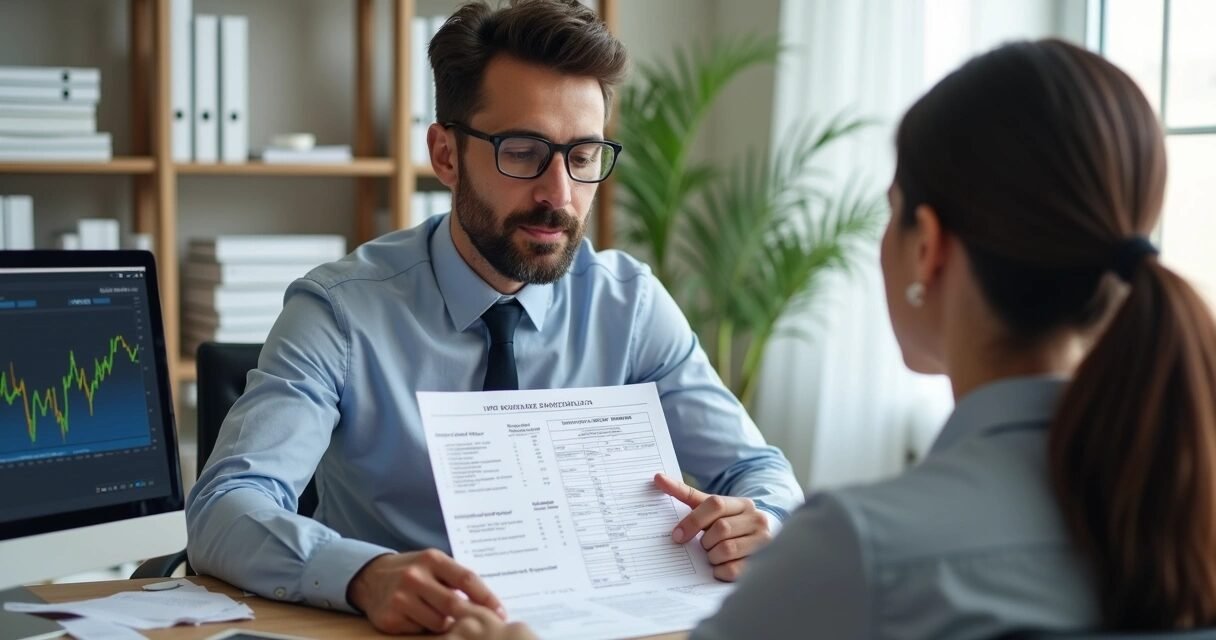 Mortgage specialist explaining loan options to a client reviewing documents in a modern office