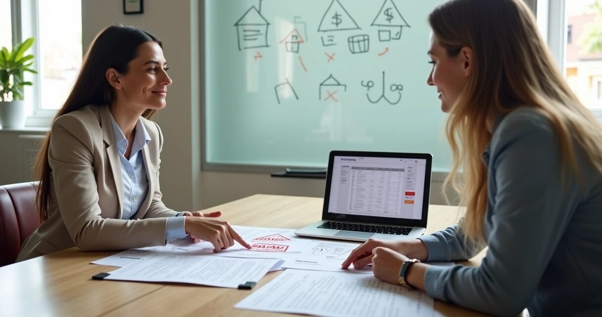 Mortgage advisor explaining loan pre-qualification denial to client at office table