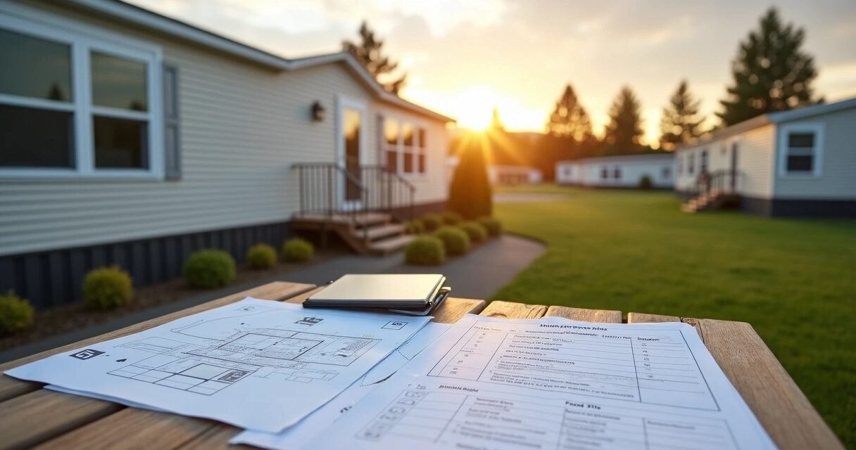 Mobile home in a park with paperwork and lending requirements overlay