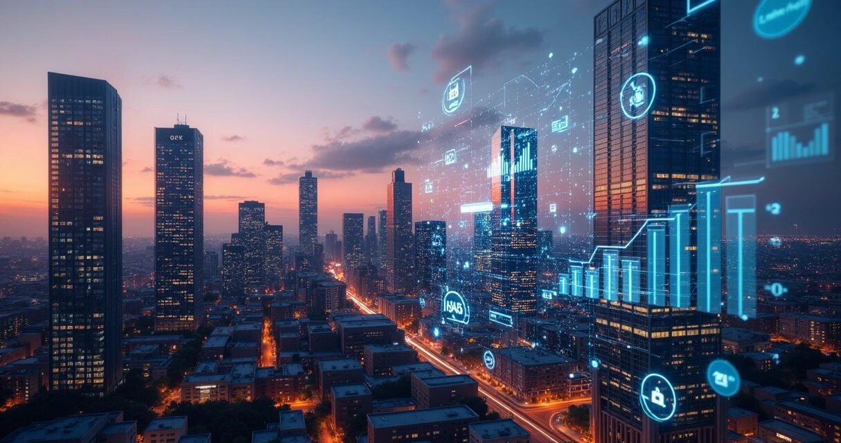 High-rise glass buildings with digital charts and data center icons overlayed in an urban skyline at dusk