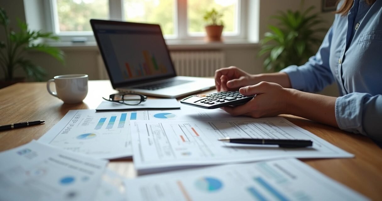 Person reviewing mortgage documents with a calculator and laptop on a wooden table
