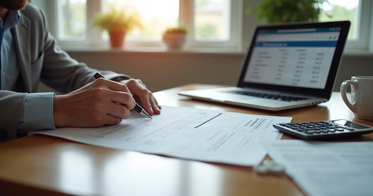 Person filling out mortgage application form with documents and calculator on desk