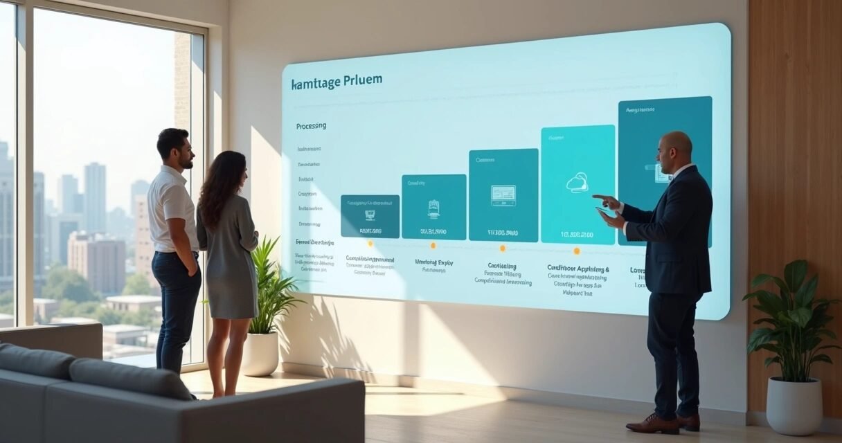 Homebuyers viewing mortgage timeline on large digital dashboard