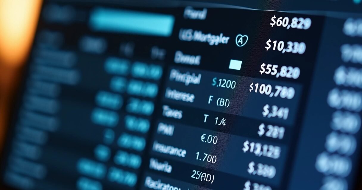 Close-up of a computer screen displaying a detailed US mortgage calculator with breakdown of payments including principal, interest, taxes, insurance, and PMI