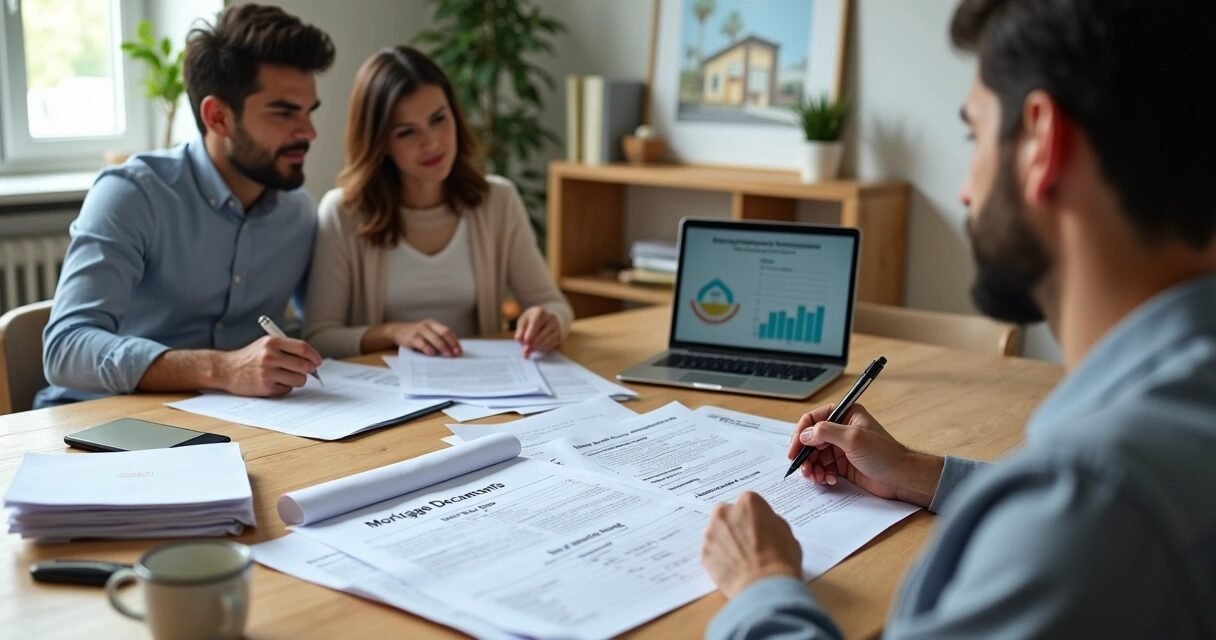 Couple organizing mortgage documents at a table with a loan officer