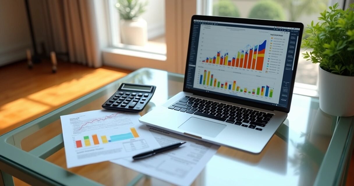 Glass table with an open laptop displaying colorful mortgage interest rate charts and graphs, with a calculator and mortgage documents beside it on warm wooden desk