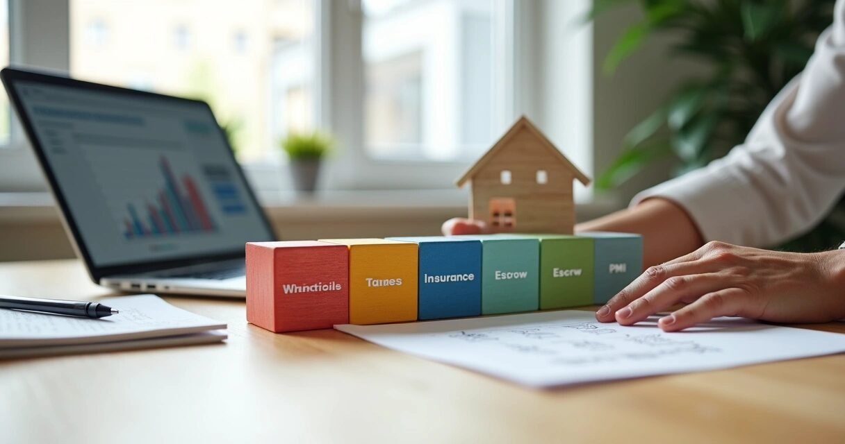 Hands arranging colored blocks labeled with monthly mortgage payment parts on desk