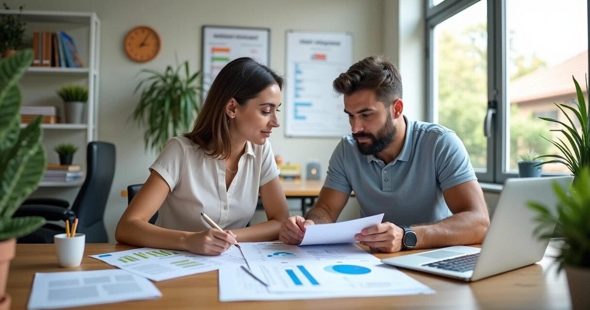 Mortgage consultant reviewing documents with client at a modern office desk