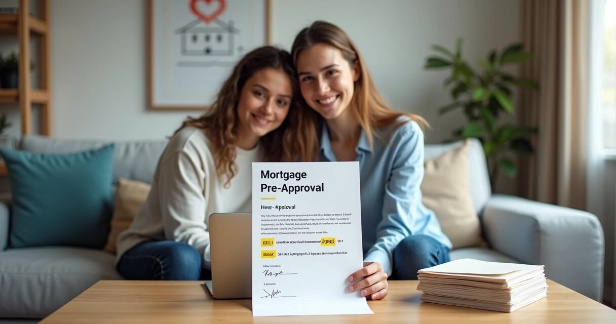 Young couple reading mortgage pre-approval letter in living room with highlighted home budget