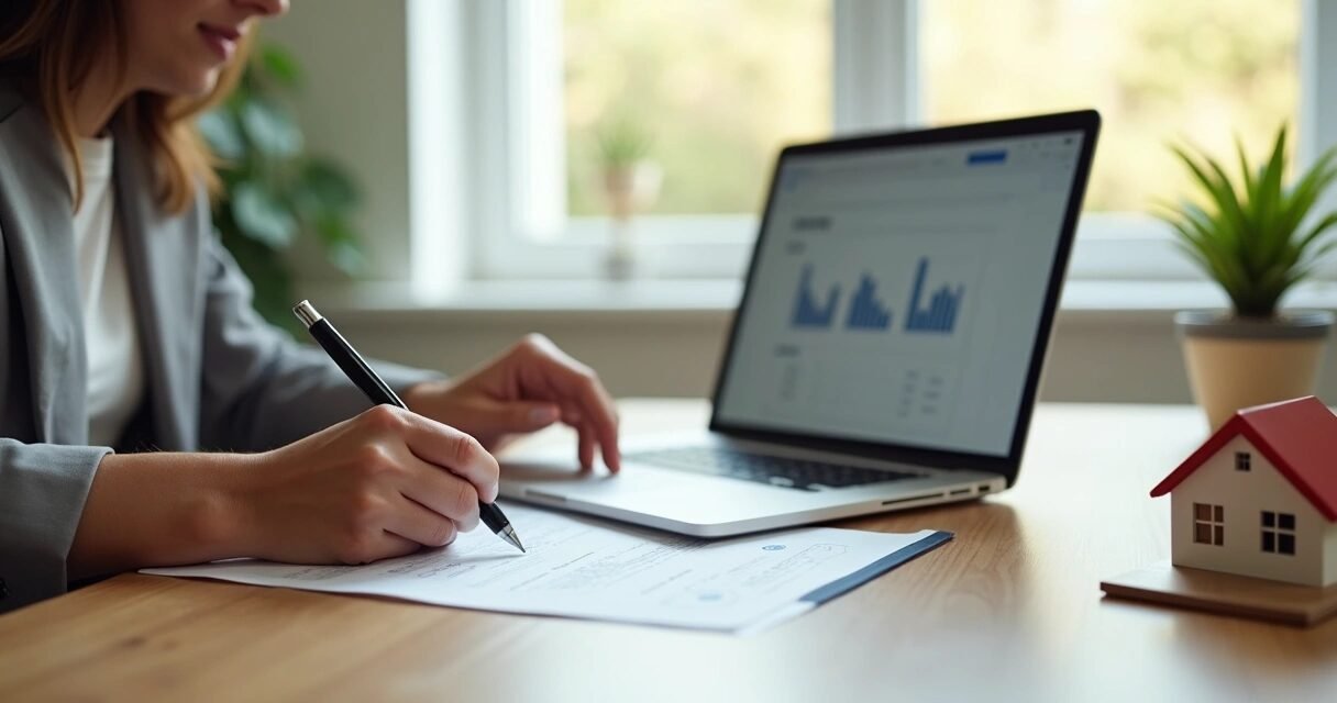 Homebuyer signing mortgage documents with a laptop and house model on the table