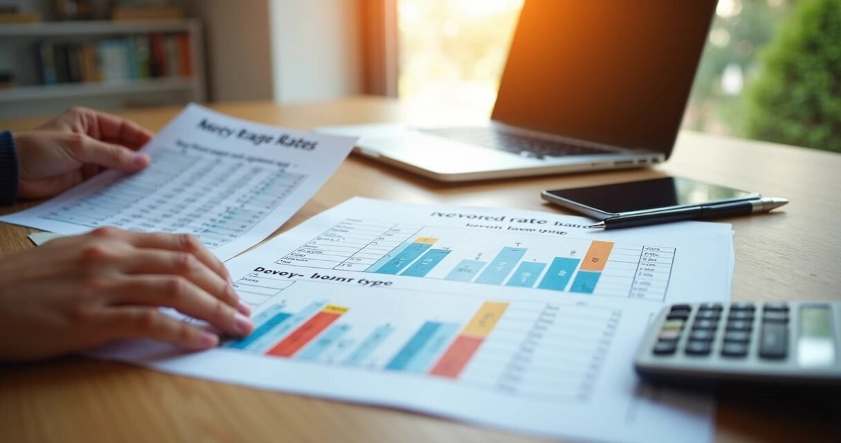 Close-up of hands holding documents with mortgage rates charts and a calculator on a wooden desk