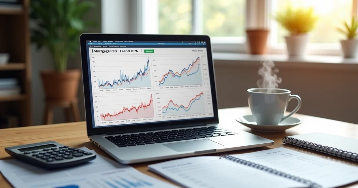 Close-up of finance charts showing mortgage rates trends on a laptop screen with a calculator, coffee cup, and documents on a wooden desk