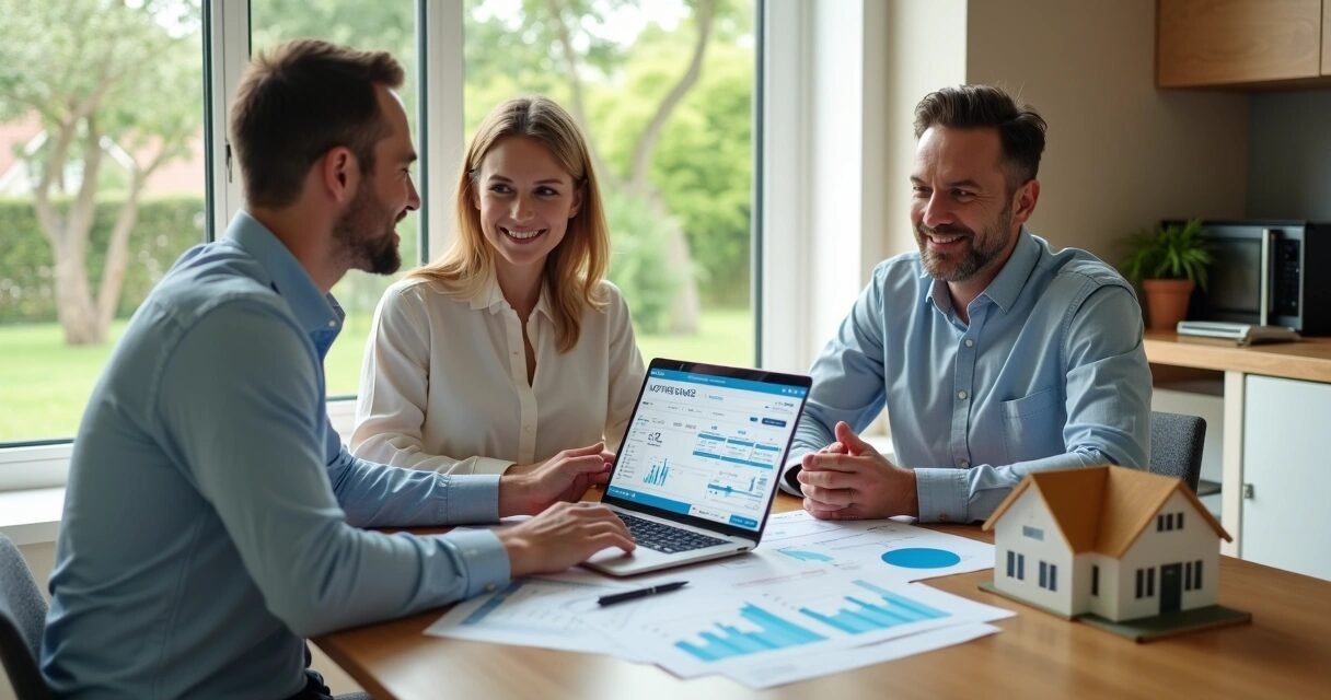Mortgage specialist reviewing refinance options with homeowners at kitchen table