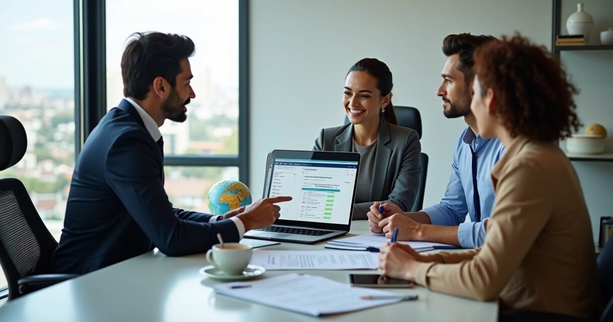 Mortgage consultant explaining loan options to diverse international clients in modern office
