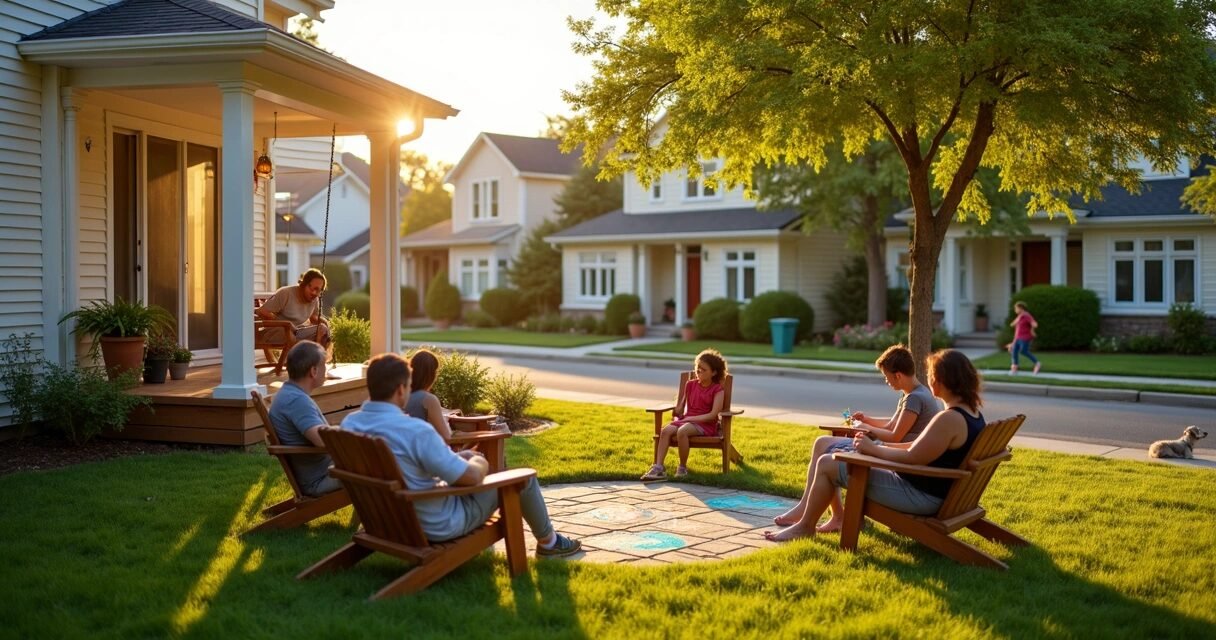 Neighbors relaxing together in a sunny backyard of a cozy home