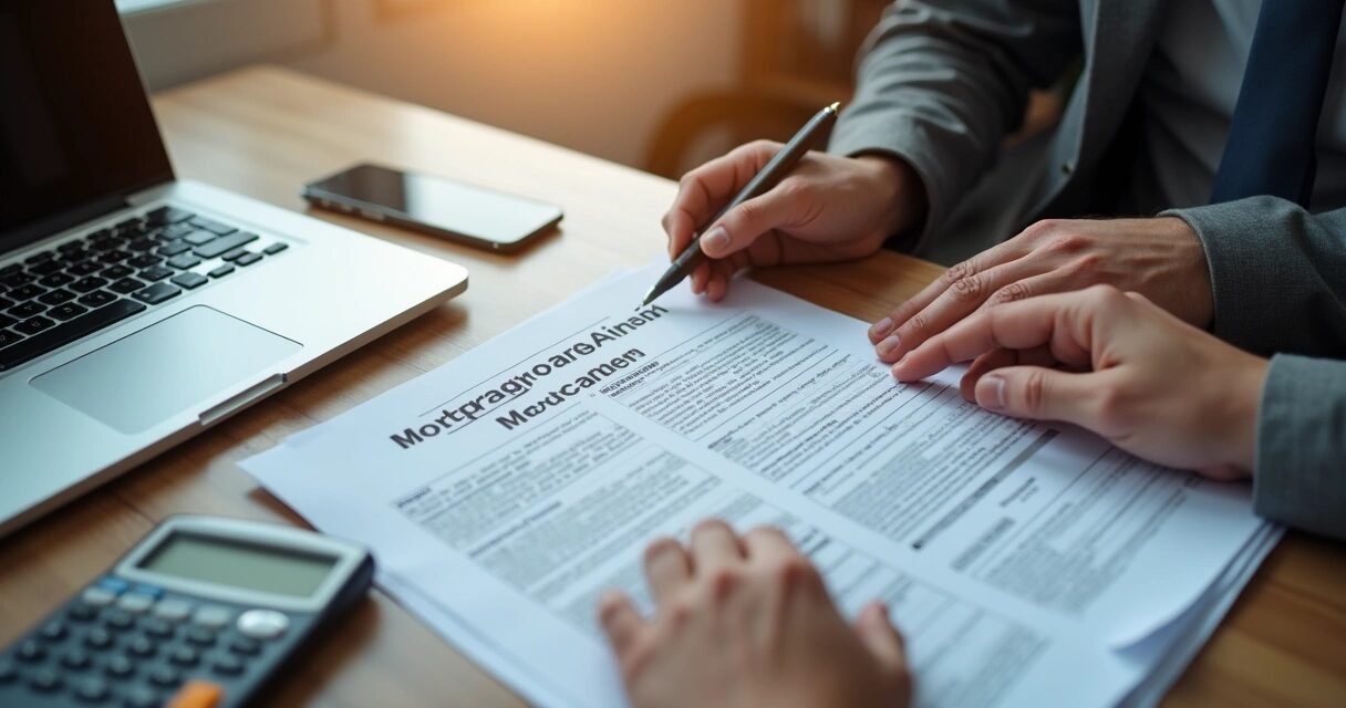 Person sitting at a desk reviewing mortgage denial documents with a laptop, calculator, and financial papers