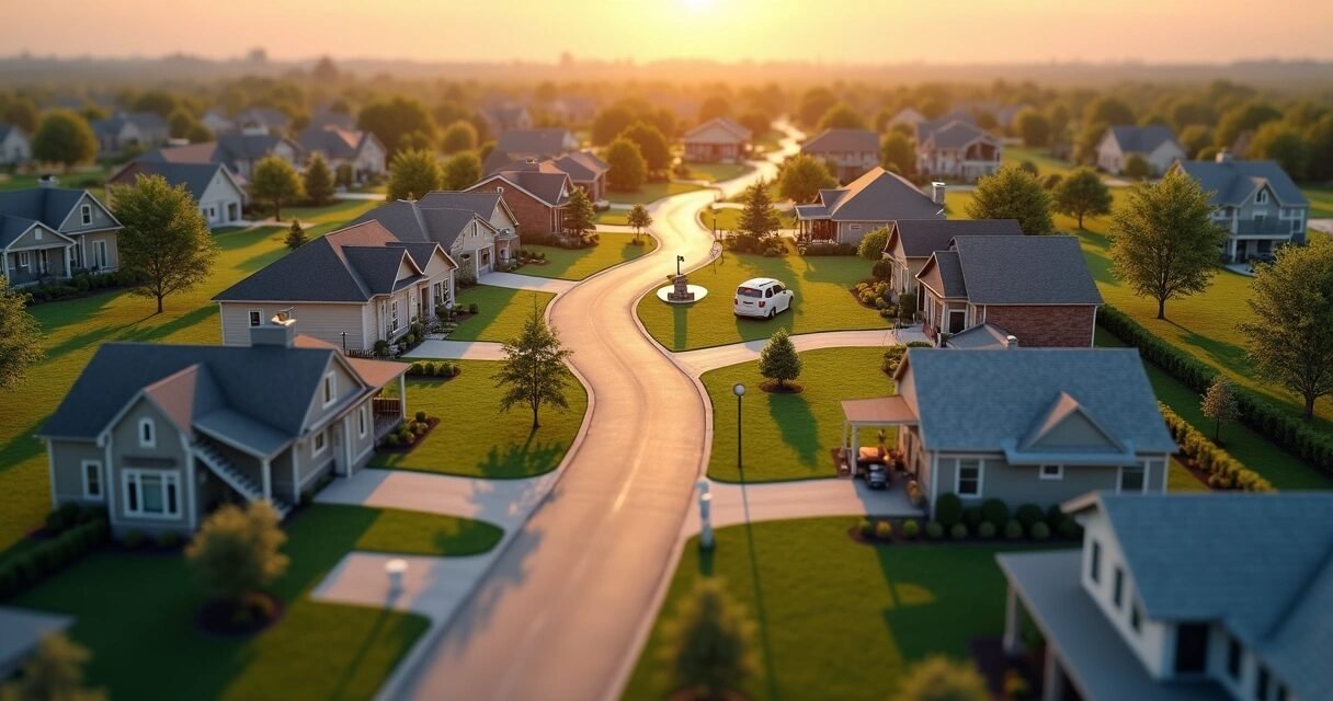 Aerial view of stylized neighborhood with roads leading to different types of homes