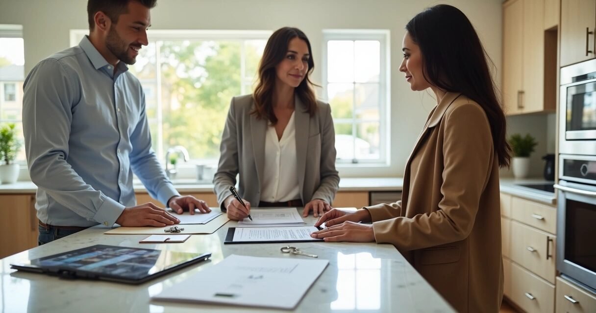 Real estate agent and buyers reviewing a home offer at a kitchen island
