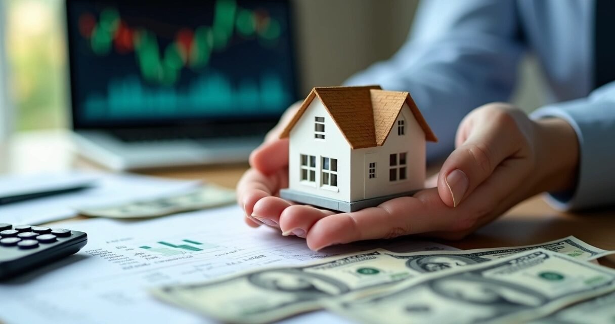 Hands holding a small model of a house with US dollar bills and a financial chart in the background