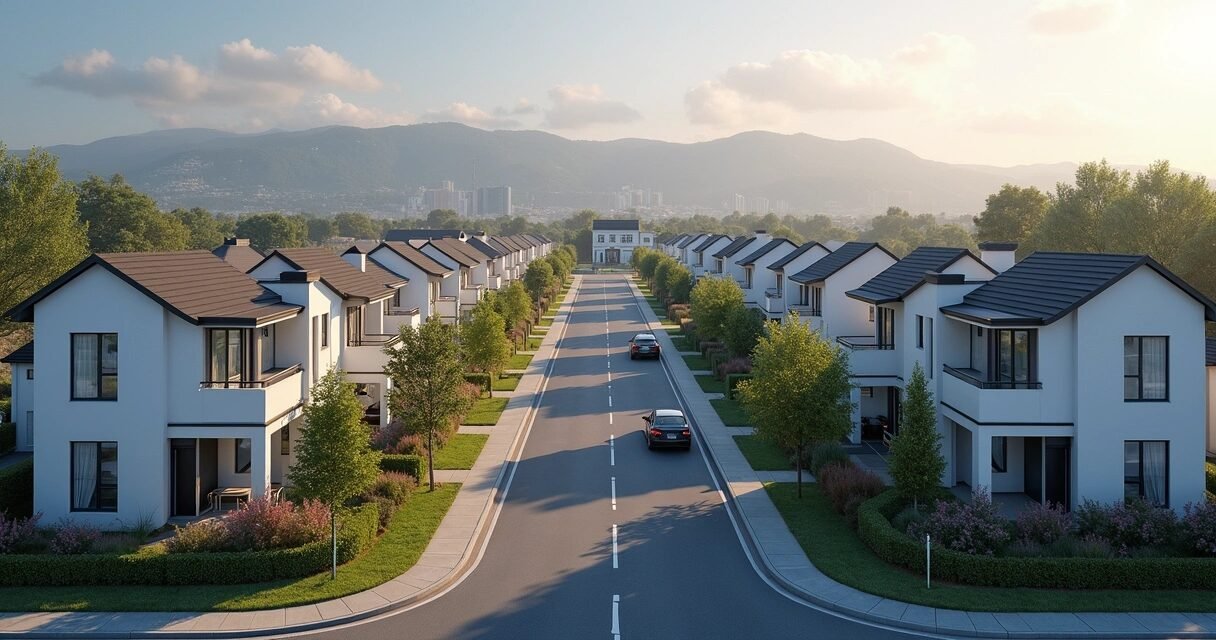 Modern residential neighborhood with diverse properties and financial growth charts overlay